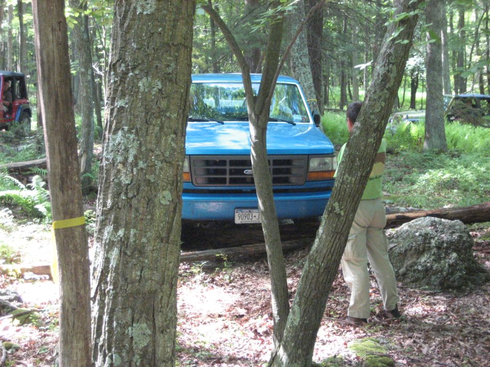 Blue Ford Econoline van parked in forest clearing, red Jeep visible to the left