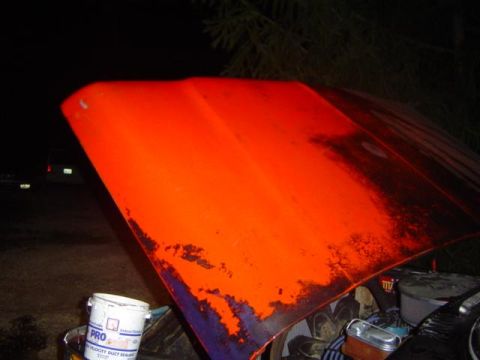 1979 Ford Bronco - The hood of a vehicle, painted bright orange with significant wear, reveals engine parts beneath.