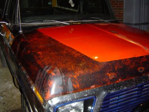 1979 Ford Bronco - The hood of a 1979 Ford Bronco displays a unique paint job with sections of peeling orange and black.
