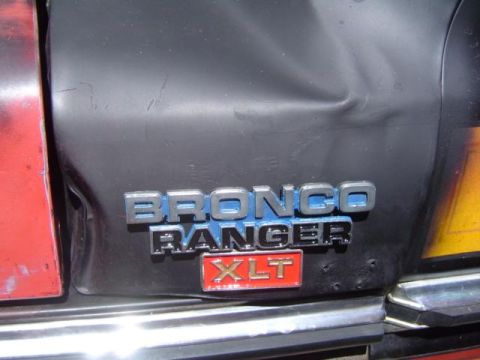 1979 Ford Bronco - The Bronco Ranger XLT emblem is visible on the rear of the vehicle, which shows signs of damage.