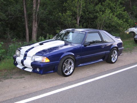 1989 Ford Mustang - A blue Ford Mustang with white racing stripes is parked on the side of a road with trees in the background.