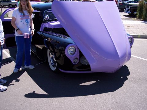 1972 Ford Ranchero - Customized vintage car with hood open at an outdoor event.