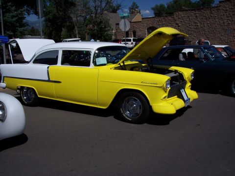 1972 Ford Ranchero - Two-tone 1955 Chevrolet Bel Air on display, hood and trunk open.