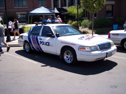 1972 Ford Ranchero - A police car is parked in a lot, with text on its hood and doors, and another vehicle in the background.