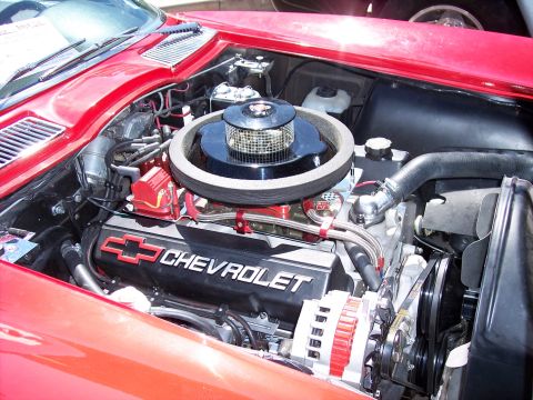 1972 Ford Ranchero - Close-up view of a Chevrolet engine, a prominent air cleaner and visible engine components.