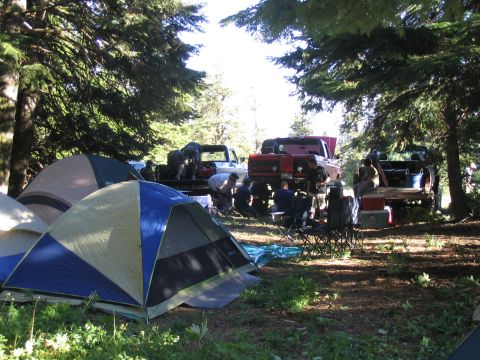1979 Ford Bronco - Group camping trip with multiple trucks being worked on under the trees.
