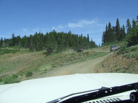 1979 Ford Bronco - Several SUVs navigate a dusty mountain road surrounded by pine trees.