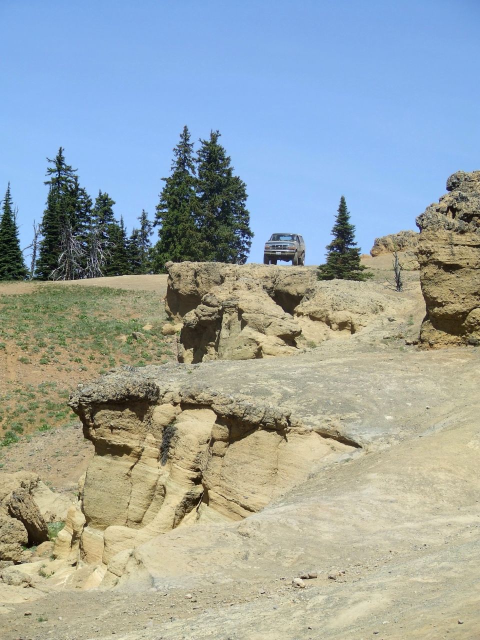 SUV parked on a rocky outcrop with trees and a clear blue sky