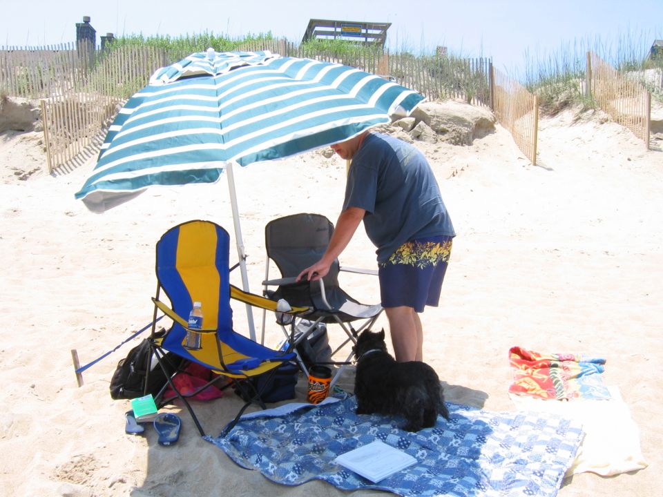 Beach scene with a person, two chairs, a dog, and an umbrella