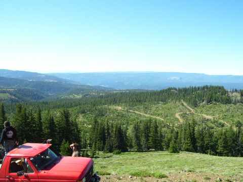 1989 Ford Bronco - A red pickup truck is parked on a hill, with people nearby, overlooking a wide expanse of forested mountains.