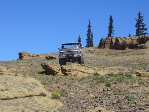 1989 Ford Bronco - A classic Ford Bronco navigates a , mountainous landscape under a clear blue sky.