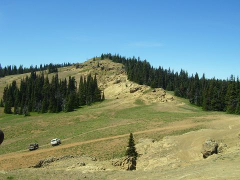 1989 Ford Bronco - Two SUVs traverse a dirt road amidst a scenic mountain landscape dotted with pine trees.