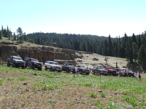 1979 Ford Bronco - A group of SUVs and trucks are parked on a grassy hillside with a forest in the background.