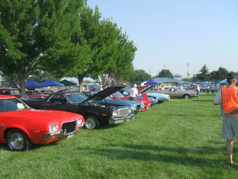 1974 Ford Ranchero - A line of classic vehicles are displayed on a grassy field under trees.