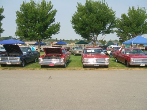 1974 Ford Ranchero - Several Ford Rancheros are displayed at an outdoor car show, with their hoods open to reveal the engines.