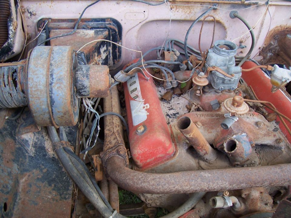 Engine bay of a 1955 Ford Customline with a V8 engine, carburetor, and air cleaner. The engine is rusty and appears to be in disrepair