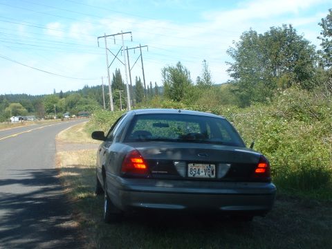 2000 Ford Crown Victoria - A dark 2000 Ford Crown Victoria is seen from the rear, parked on the side of a rural road.