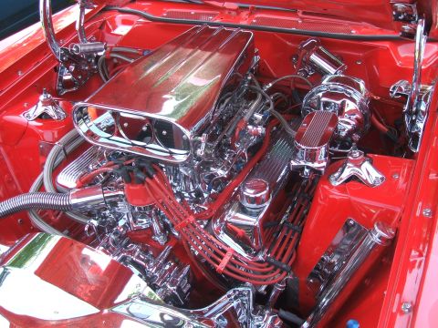 1974 Ford Ranchero - The engine bay features a highly polished V8 engine with extensive chrome detailing.