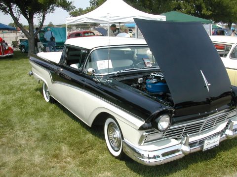 1972 Ford Ranchero - This two-tone 1957 Ford Ranchero is displayed with its hood open at a car show.