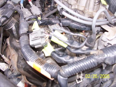 2000 Nissan Xterra - Close-up of an engine wiring harness with visible connectors and tape, timestamped 02/26/2005.