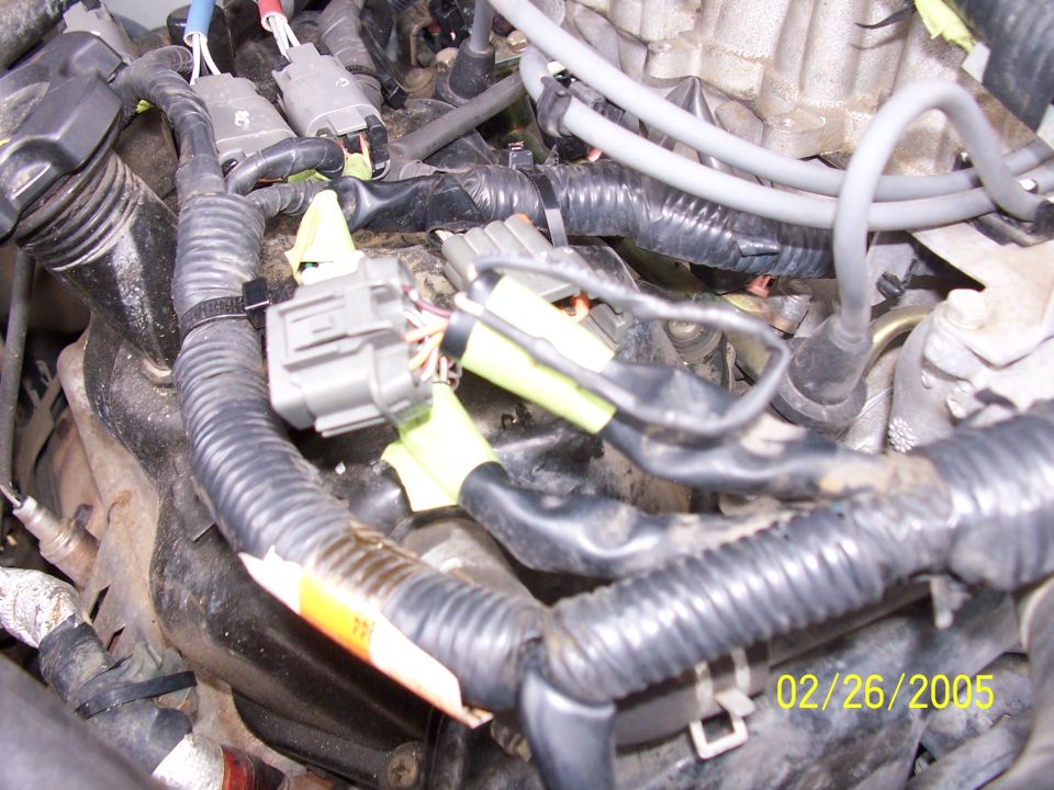 Engine bay closeup with wiring harnesses and gray electrical connectors