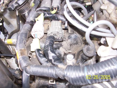 2000 Nissan Xterra - Close-up view of engine wiring harness and connectors, dated 02/26/2005.