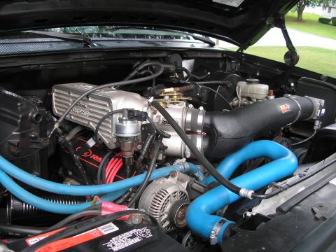 1994 Ford Bronco - The engine bay of a vehicle, a V8 engine with aftermarket parts like an aluminum intake and blue hoses.