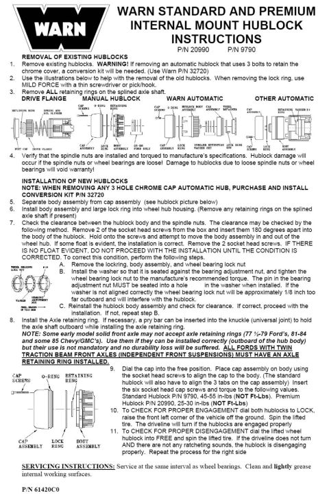 1996 Ford Bronco - These instructions are what comes with the Warn Premium hubs. If the original autolock covers have 3 screws, you will also need the spindle…
