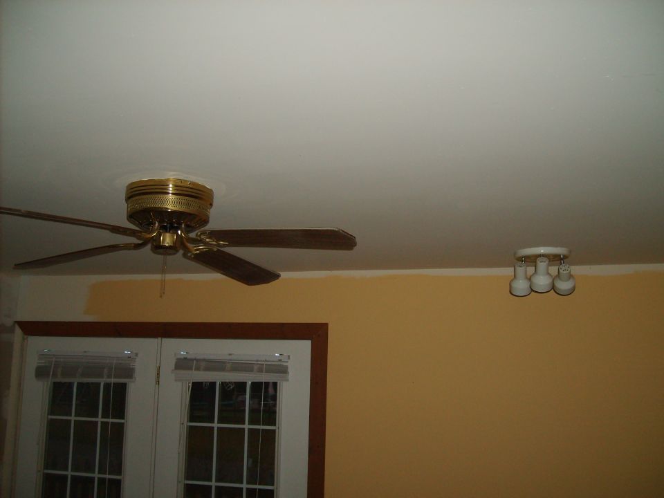 Room ceiling with brass fan and bare light fixture above French doors