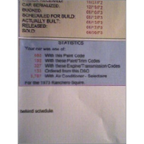 1973 Ford Ranchero - This document details production statistics for a 1973 Ranchero Squire, including paint, trim, and engine codes.