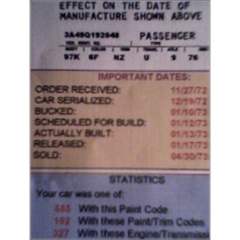 1973 Ford Ranchero - This document details the order, build, and release dates for a vehicle, indicating a 1976 model year.