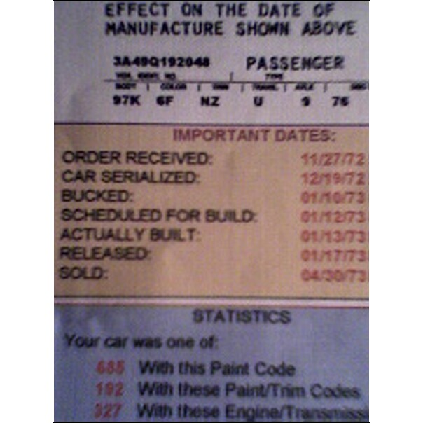Vehicle build sheet with dates and statistics, showing a 1976 model year