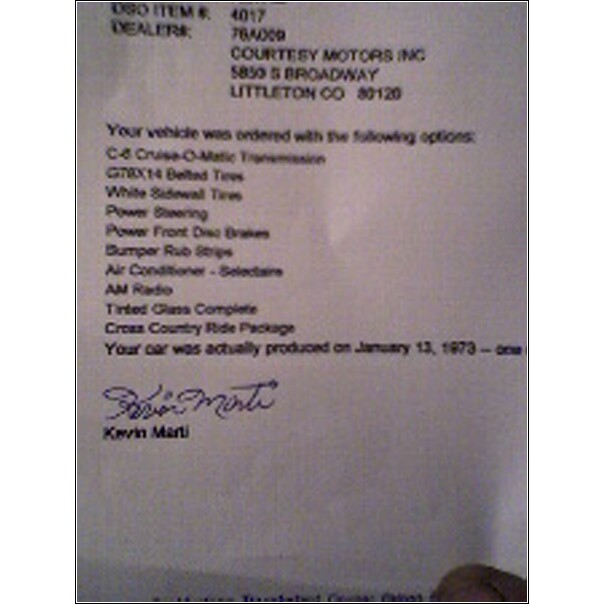 Document detailing vehicle options and production date of January 13, 1973