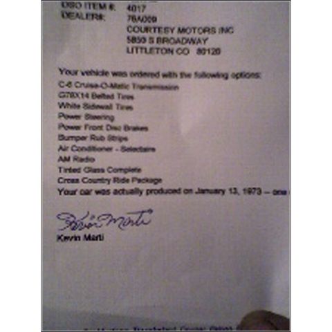 1973 Ford Ranchero - This document lists the options for a 1973 Ford Ranchero, including C-6 Cruise-O-Matic transmission and power front disc brakes.