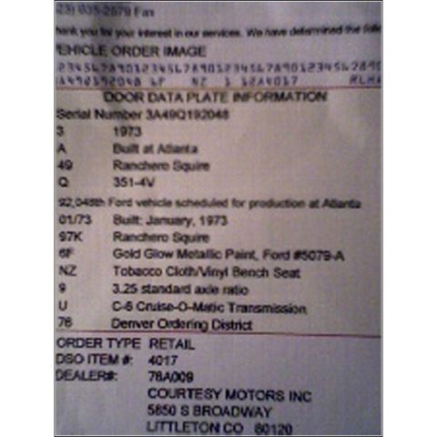 1973 Ford Ranchero - This document details the build information for a 1973 Ford vehicle, including its trim and paint specifications.