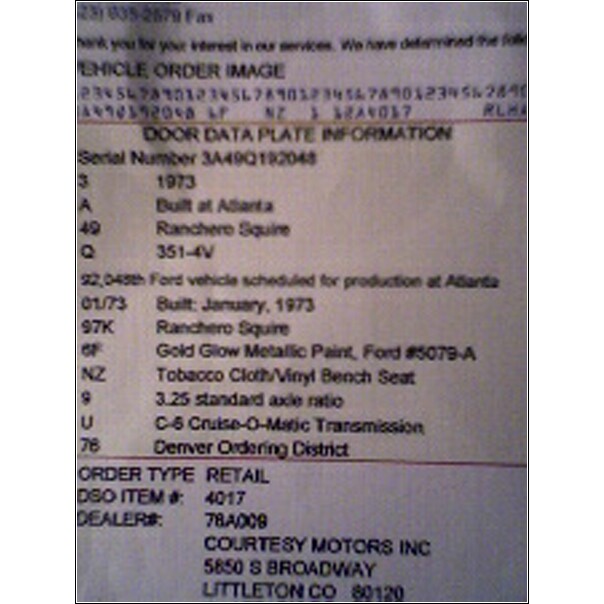 Document showing vehicle order details including serial number, build date, and paint color