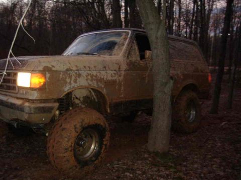 1991 Ford Bronco - This heavily mud-caked SUV appears to be a 1987 Ford Bronco, stuck in a forest.