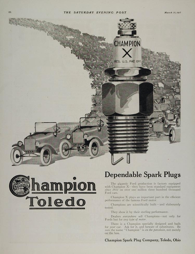 1917 Saturday Evening Post advertisement for Champion X spark plugs fitted to Ford cars