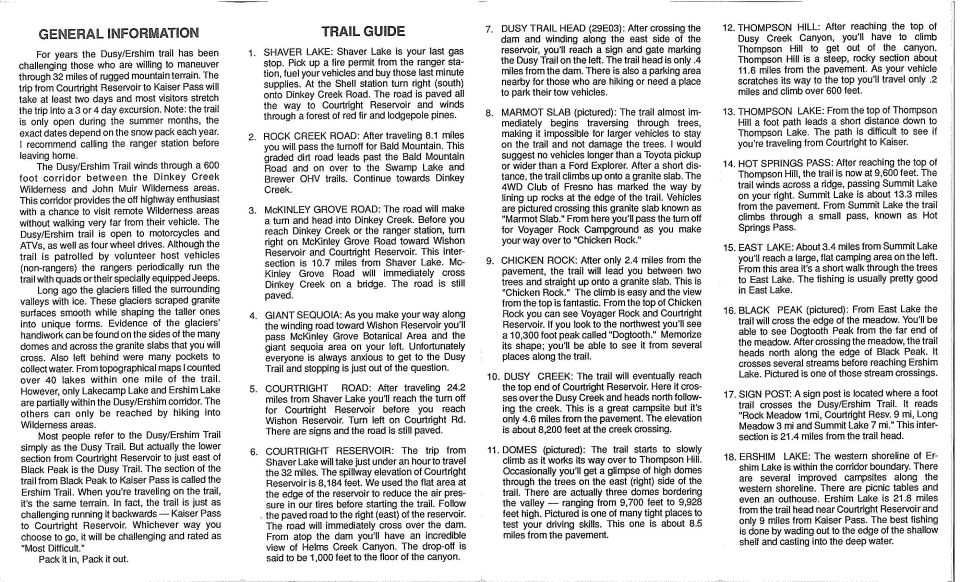 Scanned Dusy/Ershim trail guide panel listing numbered 4x4 waypoints and route notes