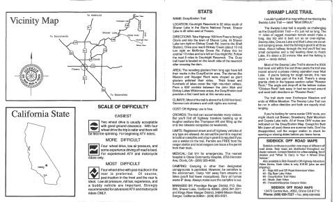 1967 Ford Bronco - This document details off-road trails, including the Dusy-Ershim Trail and Swamp Lake Trail, with difficulty ratings and location statistic…