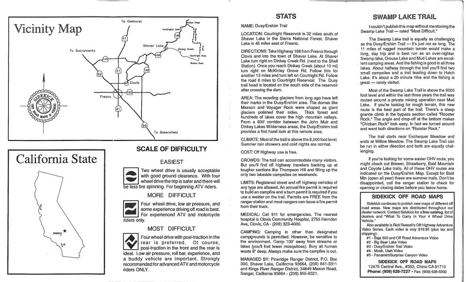 Sidekick Dusy/Ershim map panels with California vicinity map and 4WD difficulty scale