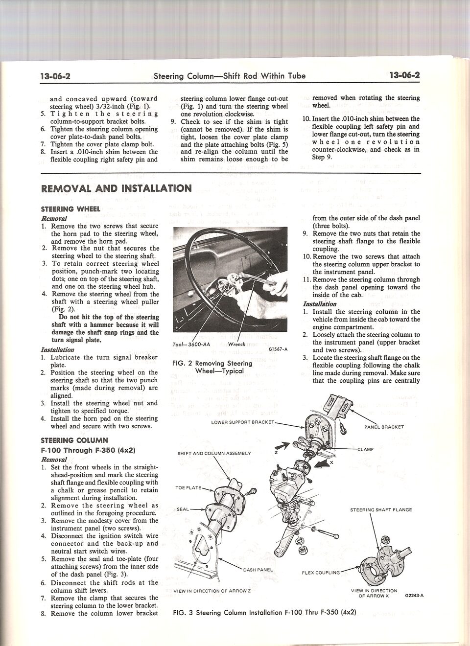 Ford shop manual 13-06-2: steering wheel and column removal/installation, F-100-F-350