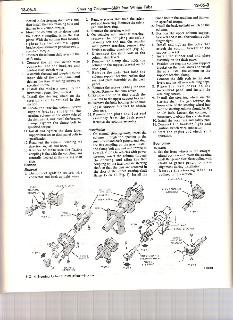 Ford shop manual 13-06-3: steering column installation, flexible coupling and shift-rod hookup