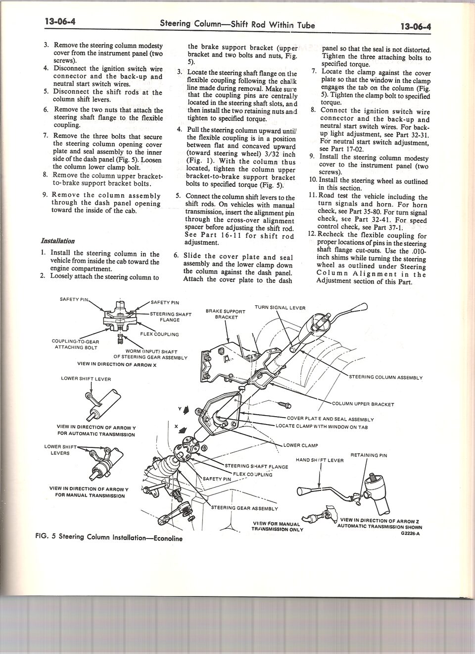 Ford shop manual 13-06-4: steering column removal, modesty cover, flexible coupling, shift rods