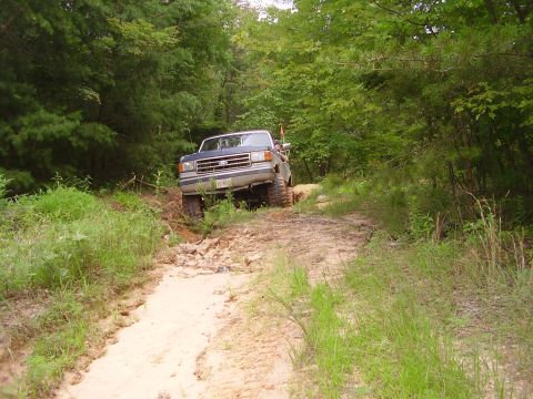 1991 Ford Bronco - Ford F-Series truck driving off-road on a muddy trail through a wooded area.