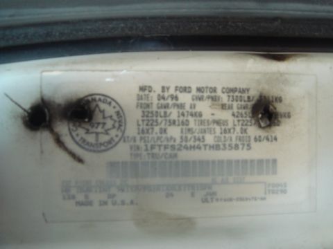 1996 Ford Bronco - This vehicle identification plate shows a manufacturing date of April 1996 and a VIN that matches a 1996 Ford Bronco.