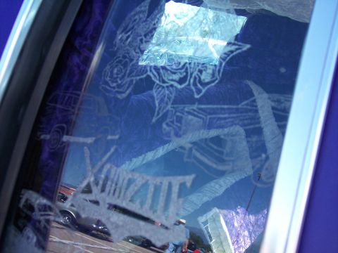 1972 Ford Ranchero - Custom airbrushed art roses and a reflection of a pickup truck adorns the interior car window.