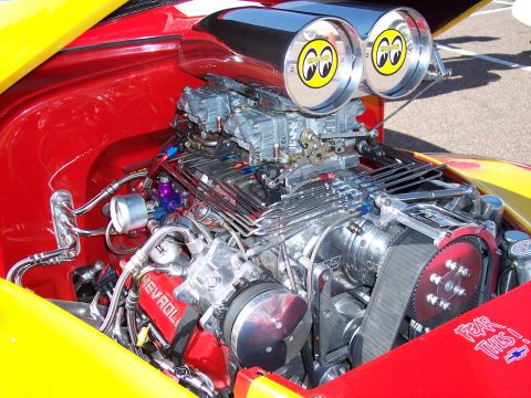 1972 Ford Ranchero - Custom V8 engine with dual carburetors and Moon eyes air cleaners. "FEAR THIS!" decal visible.