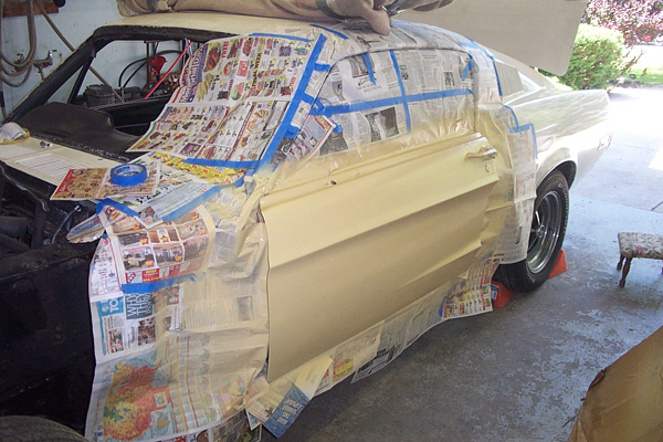 1968 Ford Mustang side view, masked for painting