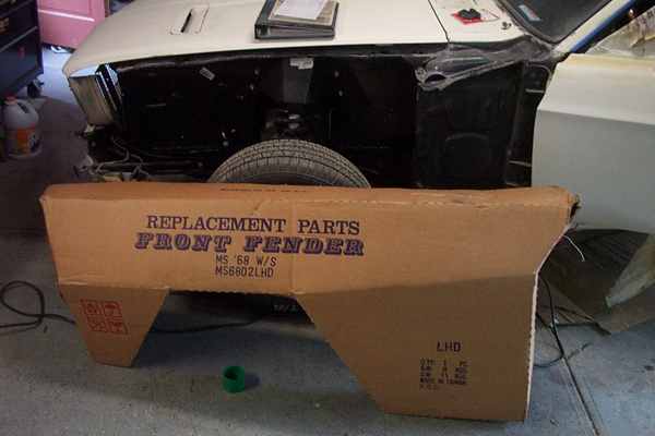 Cardboard box with 'REPLACEMENT PARTS FRONT FENDER MS '68 W/S' printed on it